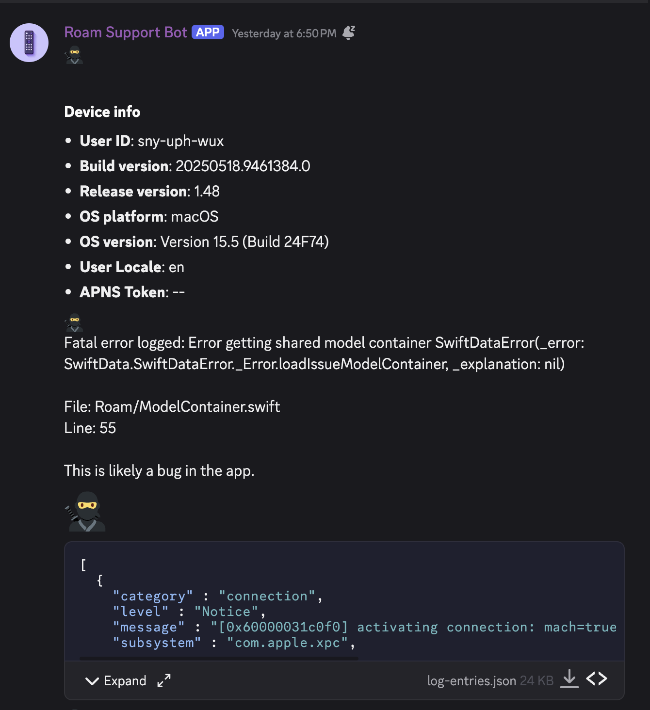 Screenshot of my Discord chat window with a message saying Fatal error logged