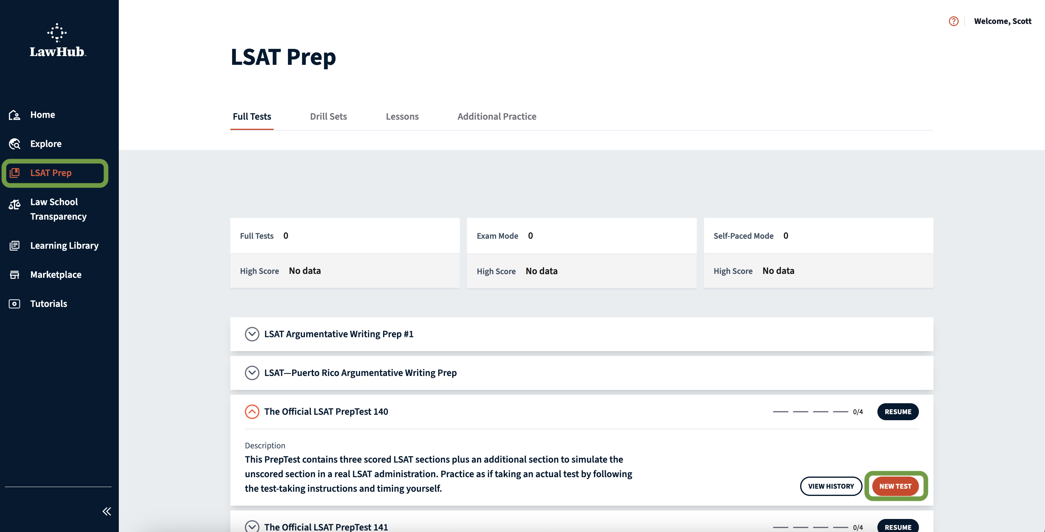 Navigate to "LSAT Test Prep" and click on "New Test"
