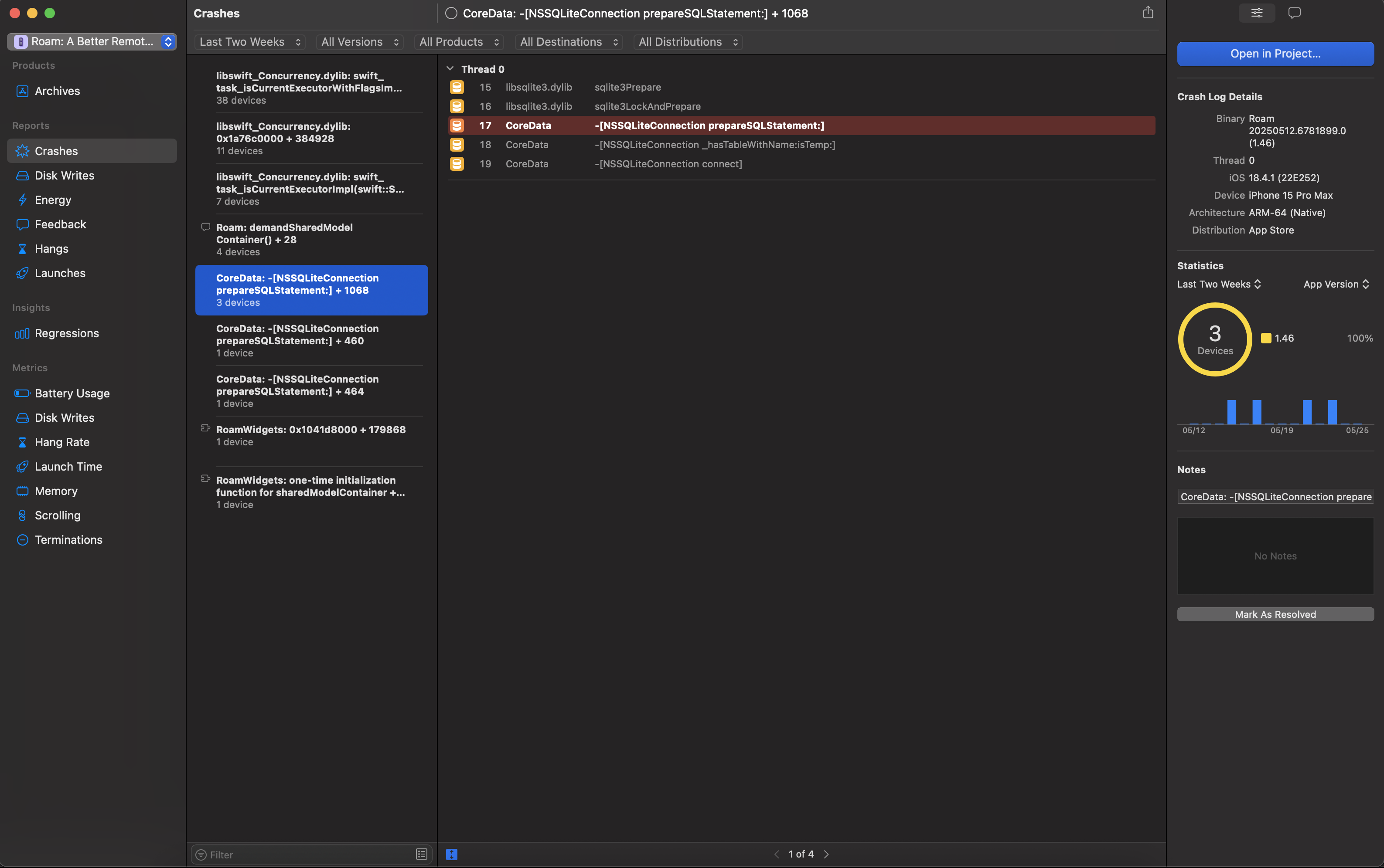 XCode crash preview emphasizing confusing CoreData crash