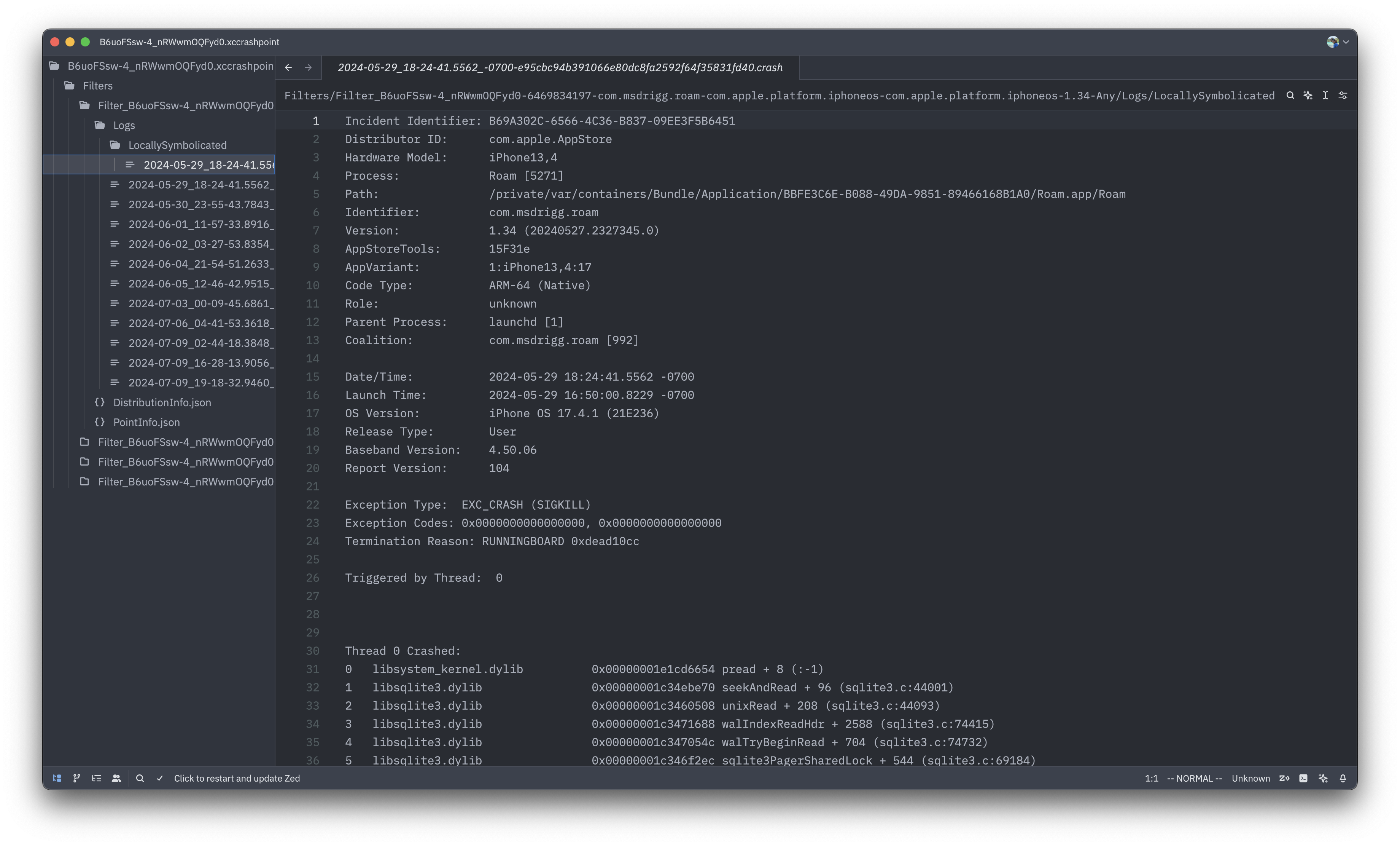 Crash report opened up in Zed